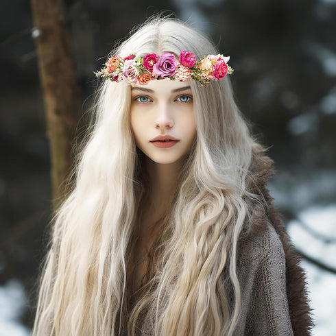 Vivivalue Pink Rose Flower Crown Boho Headband, Floral Halo for Wedding Party Festival Photos