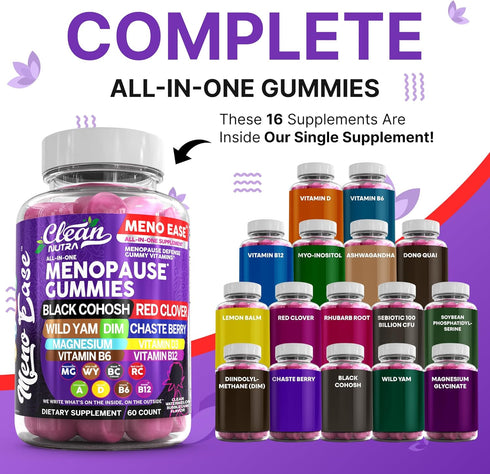 Gummies D3, B6 B12 Menopause Supplement for Women with Black Cohosh, Wild Yam, DIM, Magnesium, Red Clover Chasteberry