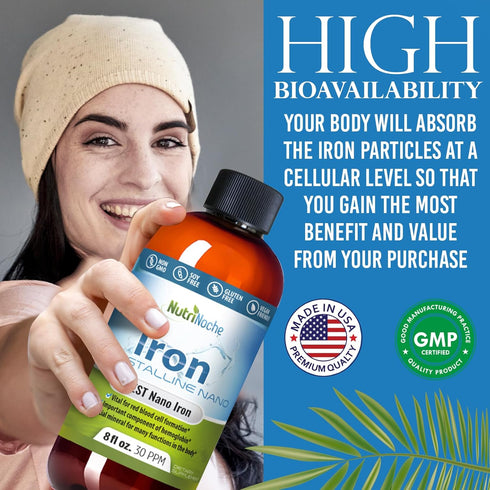Liquid Iron Supplement for Women - High Potency Vegan Sublingual Iron Drops - Tasteless Flavor - 8 Ounces Nutrinoche