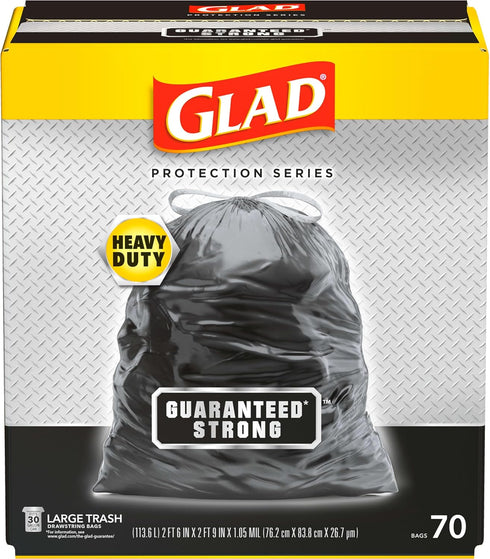 Glad Trash Bags, Guaranteed Strong Large Drawstring Garbage Bags, 30 Gallon, 70 Count