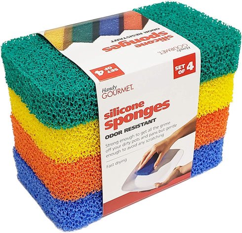 Handy Gourmet Silicone Sponges – Kitchen and Dish Scrubber, Fragrance, Mildew, Odor Free (Set of 4)