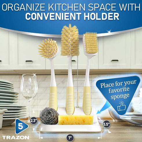 Set 5 Dish Brush of with Holder - Kitchen Scrub Brushes with Non-Slip Long Handle for Cleaning, Scrubber, Dishwashing