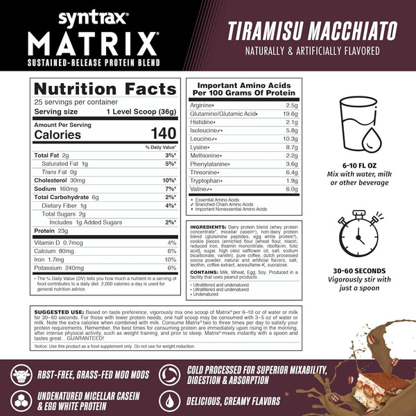 Syntrax Nutrition Matrix Protein Powder, Tiramisu Macchiato, 2 lbs, Sustained-Release Protein Blend