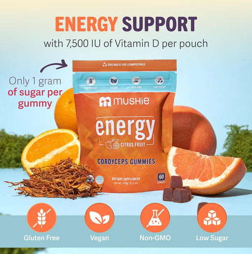 Mushie 100% Gummies 2000mg Immune 60 Count Organic Cordyceps Mushroom - Cordyceps Militaris Nootropic for Energy