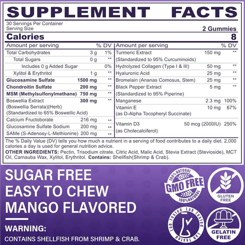 Glucosamine Chondroitin Gummies with MSM, Turmeric & Hyaluronic Acid, 120 Cts Extra Strength Joint Support