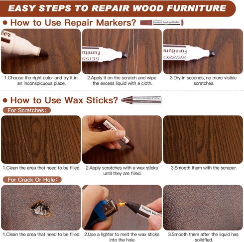 SEISSO Furniture Markers Touch Up - 25 Pcs Wood Repair Kits with Wax Sticks for Scratches & Stains