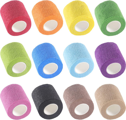IndigoCase 12 Rolls Self Adhesive Bandage Wrap 2 Inch, Multi Color Elastic Athletic