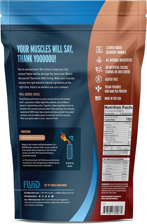 Fluid Recovery Post-Workout Drink Mix, Pea Protein, L-Glutamine, All Natural Ingredients, Gluten-Free