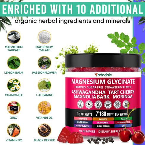 90ct 15-in-1 Pure Magnesium Glycinate Gummies 400 mg/serv - Calm Sleep Aid & Stress Relief with Ashwagandha, Tart