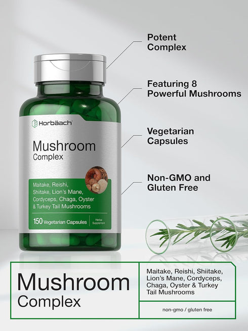 Horbaeach Mushroom Complex Capsules | 150 Count | Non-GMO, Gluten Free | Reishi, Chaga, Lions Mane