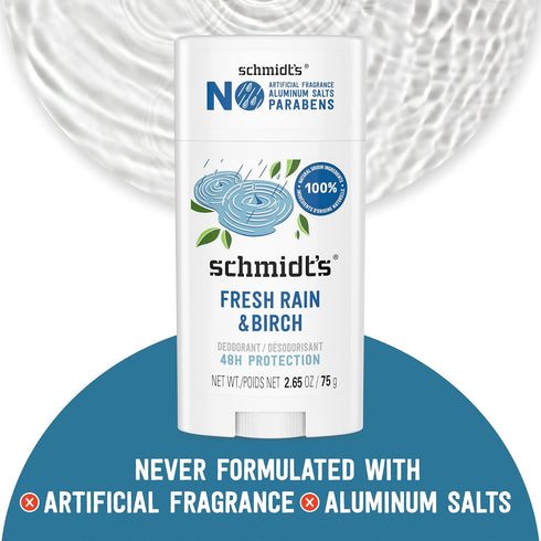 Schmidt's Aluminum-Free Vegan Deodorant Fresh Rain & Birch, 2 Count, 24 Hour Odor Protection, 2.65 oz, Natural