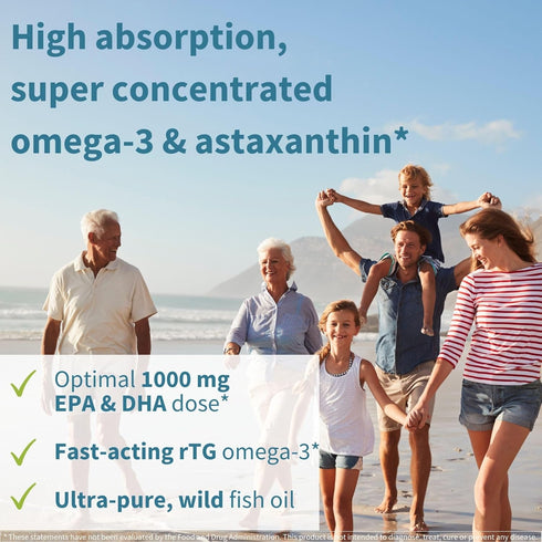 Super Concentrated rTG Omega 3 Wild Fish Oil 1000mg, Clean Label Free from Environmental Toxins, EPA DHA, 2:1 Ratio, Non-GMO, Astaxanthin 1mg, Lemon Flavor, 180 Softgels, Pure & Essential