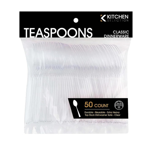 Premium Disposable Clear Plastic Teaspoons, 50 Count, Transparent, Durable, Convenient for Parties and Everyday Use