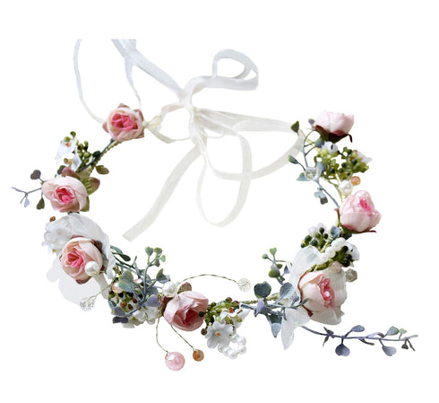Rose Flower Crown Boho Headband, Floral Halo Headpiece with Ribbon for Wedding Party, Pink