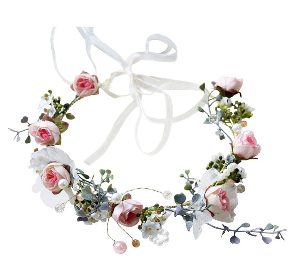 Rose Flower Crown Boho Headband, Floral Halo Headpiece with Ribbon for Wedding Party, Pink