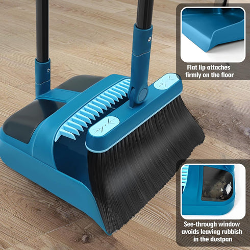 JEHONN Dustpan and Brush Set, 54" Long Handle Swivel Broom, Foldable Dust Pan with Comb Teeth for Cleaning