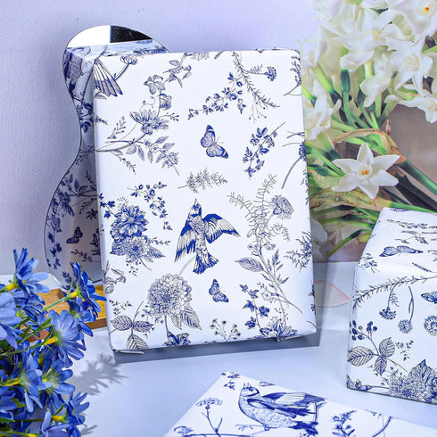 JarThenaAMCS Blue White Floral Wrapping Paper Roll, 17 Inch x 32.8 Ft Chinoiserie Flower Bird Gift Wrap Paper for Party