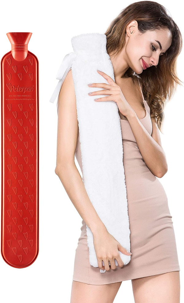Peterpan Long Rubber Hot Water Bottle with Cover, BPA & Phthalates Free, Holds 90 Fl Oz, White