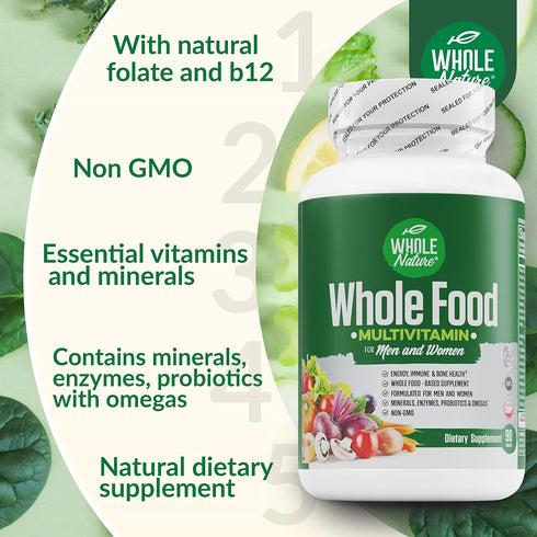 Whole Food Multivitamin for Men and Women - Complete Daily Superfood Vitamins Plus Minerals, Probiotics, Non-GMO