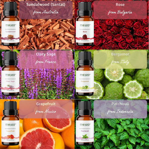 Set, 20 10ml MO'JIZA Pure Aromatherapy Essential Oils Gift Oils-Sandalwood, Rose, Bergamot, Patchouli, Grapefruit