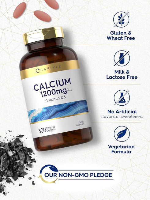 Carlyle Calcium 1200mg with Vitamin D3 - 300 Caplets, Non-GMO & Gluten Free