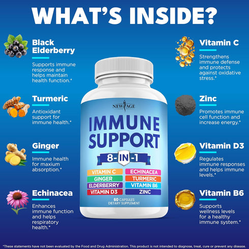 NEW AGE 8 in 1 Immune Support Booster Supplement, Echinacea, Vitamin C, Zinc, Vitamin D, Turmeric, Elderberry, 120 Count