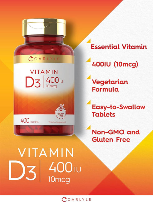 Carlyle Vitamin D3 | 400 IU (10mcg) | 400 Tablets | Vegetarian, Non-GMO, Gluten Free Vitamin D Supplement