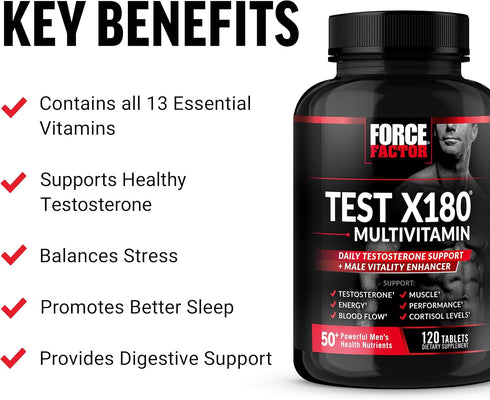 FORCE FACTOR Test X180 Multivitamin for Men, Daily Multivitamin with Testosterone Support, 120 Tablets