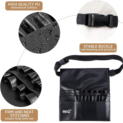 MSQ 23 Pockets Professional Makeup Brush Bag, Adjustable PU Leather Organizer with Artist Belt Strap