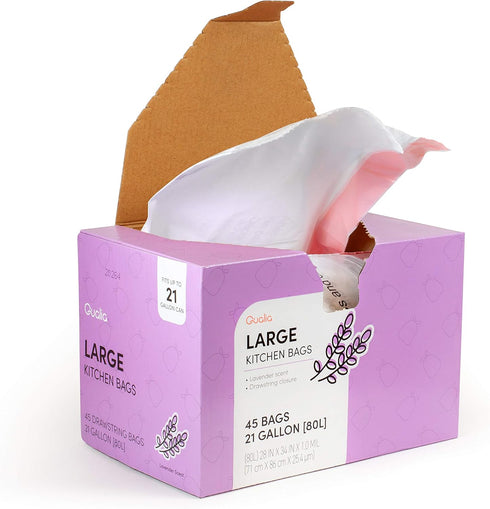 QUALIA Lavender Scented Trash Bag - 21 Gal / 80 Liter, Heavy Duty Drawstring Closure, 45 Bags, White