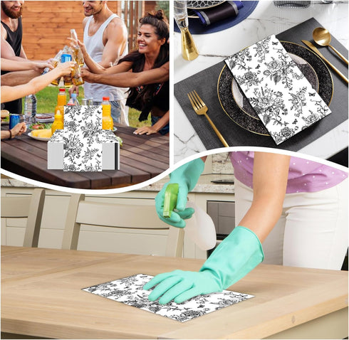 SMUAENSS 100 3-Ply PCS Black Napkins Disposable, Black White Wildflower Paper Napkins Paper Towels Home Party Guest