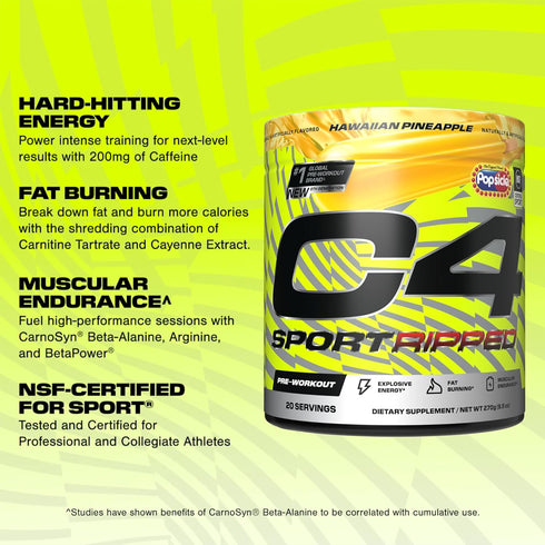 Cellucor C4 Ripped Sport Pre Workout Powder | Hawaiian Pineapple | 20 Servings | 200mg Caffeine