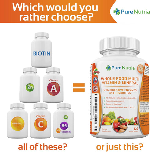 Whole Food Multivitamin and Minerals with Probiotic Enzymes, 120 Multivitamins for Women and Men