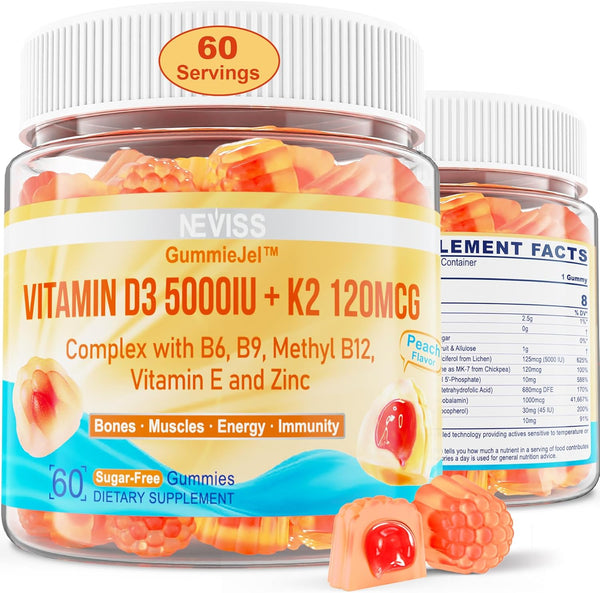 Vitamin D3 5000IU + K2 (MK-7) 120mcg, Sugar-Free Gummies with Vitamin B Complex, Supports Bone & Immune Health