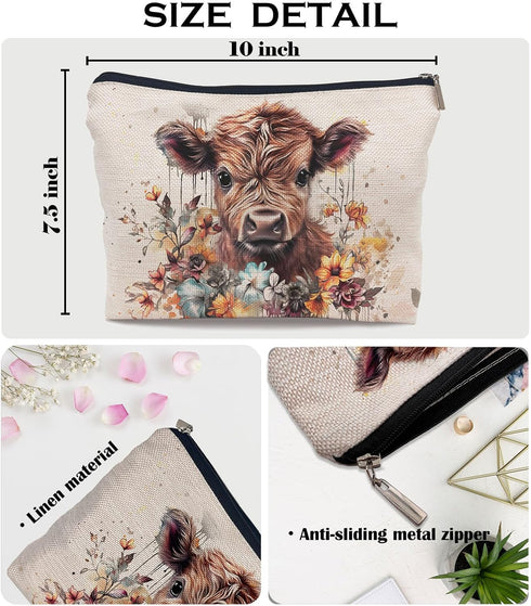 Highland Cow Gifts Makeup Bag, Western Cow Print Cosmetic Bag for Women