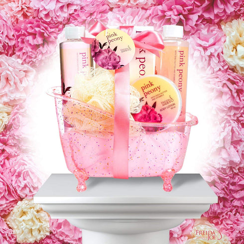 Home Spa Gift Basket Peony Spa Set for Women, Includes Shower Gel, Bubble Bath, Body Lotion, Bath Salt & Puff in Pink