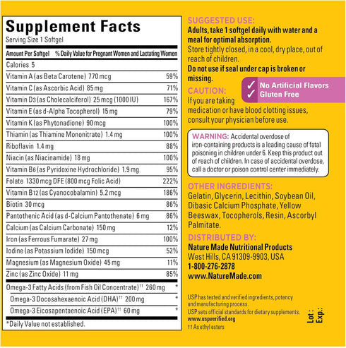 Nature Made Prenatal with Folic Acid + DHA, 90 Softgels, Prenatal Vitamin and Mineral Supplement for Daily Nutritional