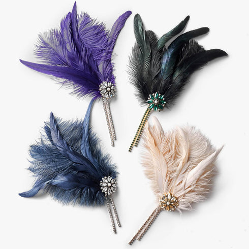 SWEETV 1920s Flapper Headband, Rhinestone Pearl Feather Hair Band, Great Gatsby Accessories for Women, Champagne