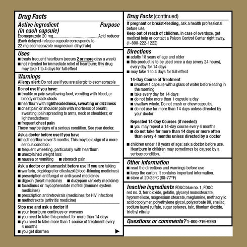 Esomeprazole Magnesium Delayed Release Capsules, 20 mg, Proton Pump Inhibitor for 24 Hour Frequent Heartburn Treatment