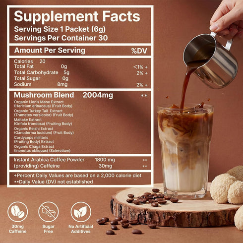 Immune 30 Packs Mushroom Coffee, Instant Coffee with Adaptogenic Mushrooms, Organic Lion's Mane & Reishi, Maitake