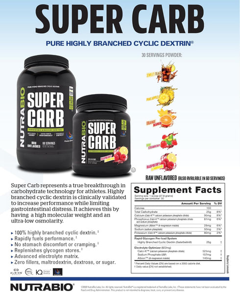 NutraBio Super Carb Powder, Complex Carbohydrate Supplement with Cluster Dextrin & Electrolytes, Raspberry Lemonade, 30