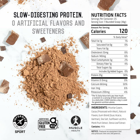 Ascent Casein Protein Powder - 25g Micellar Casein, Gluten-Free, No Added Sugar, Chocolate, 2 Pounds
