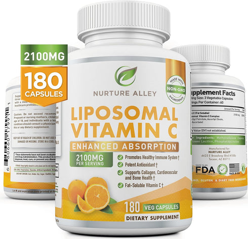 Liposomal Vitamin C 2100mg - 180 Capsules High Absorption Ascorbic Acid - Powerful Antioxidant, Immune System &