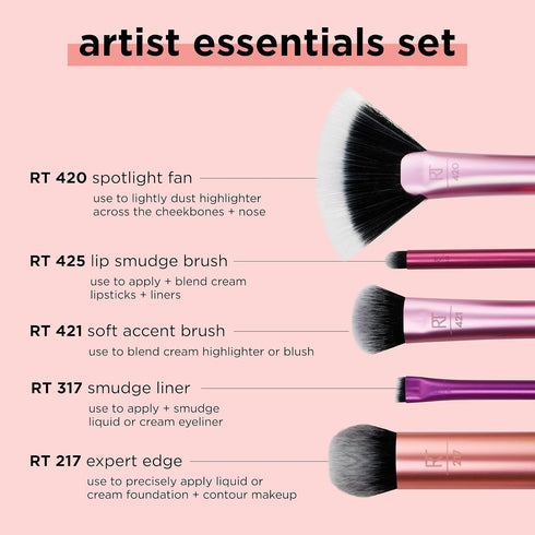 Real Techniques Artist Essentials Makeup Brush Set, 5 Piece Set for Foundation, Blush, Highlighter, Eyeshadow & Liner