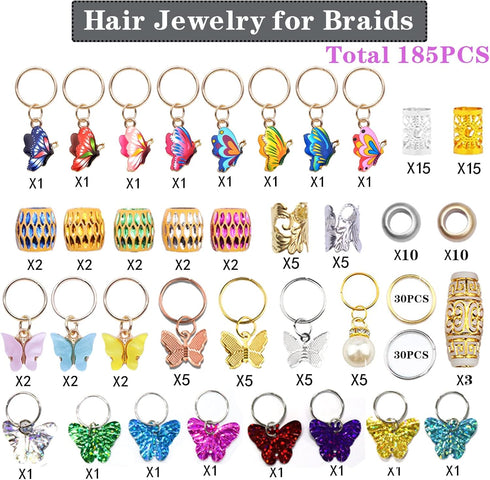 NAISKA 185Pcs Gold Butterfly Hair Jewelry | Gold Braid Hair Clips, Butterflies Charms, Dreadlock Accessories