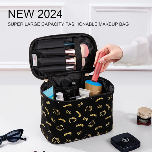 Large Cosmetic Bags Travel Makeup bag Brush Holder Zipper Organizer Storage Bag with Handle Brush for Women (Black-A)