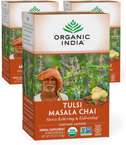 Organic India Tulsi Masala Chai Herbal Tea - Holy Basil, Stress Relieving & Enlivening, Immune Support, Vegan, USDA Certified Organic, Black Tea, Antioxidant, Caffeinated - 18 Infusion Bags, 3 Pack