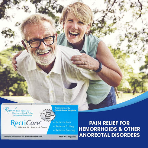 RectiCare Anorectal Lidocaine 5% Cream for Hemorrhoids & Anorectal Disorders, 30g Tube