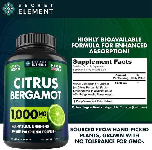 Citrus Bergamot Extract 1000mg - Vegan Capsules for Heart, Immune System Support, and Healthy Aging