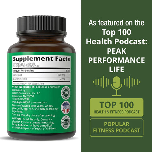 Peak Performance Aged Black Garlic Capsules - Raw Vegan Pure Odorless Extract Supplement for Cholesterol Support